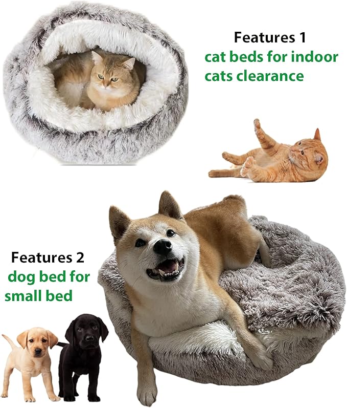 ShinHye Plush Fluffy Hooded Cat Bed Cave, Cozy for Indoor Cats or Small Dogs - Waterproof