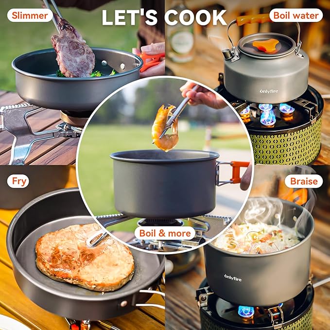Onlyfire 14pcs Camping Cookware Mess Kit, Non-Stick Lightweight Pot Pan Kettle Set with Plates
