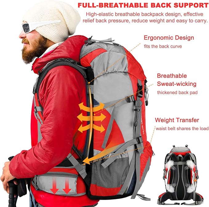 Loowoko 50L Hiking Backpack, Waterproof Camping Essentials Bag with Rain Cover, 45+5 Liter