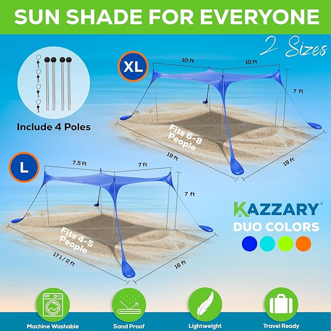 Beach Tent UPF50+ Sun Shade Canopy with Sandbags, 4 Stability Poles, Ground Pegs, Flying Disc Sand