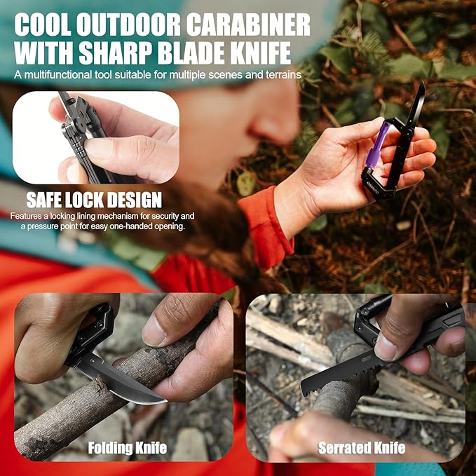 Carabiner Multitool with Pocket Knives, EDC Carabiners, Serrated Knife, Rope Cutter, Screwdriver