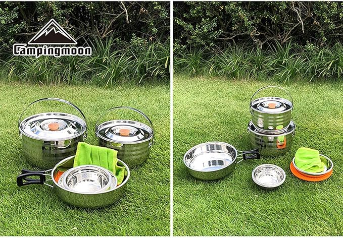 CAMPINGMOON Camping Cookware Set Stainless Steel Outdoor Nesting Cooking Mess Kit Pots Pans Bowls