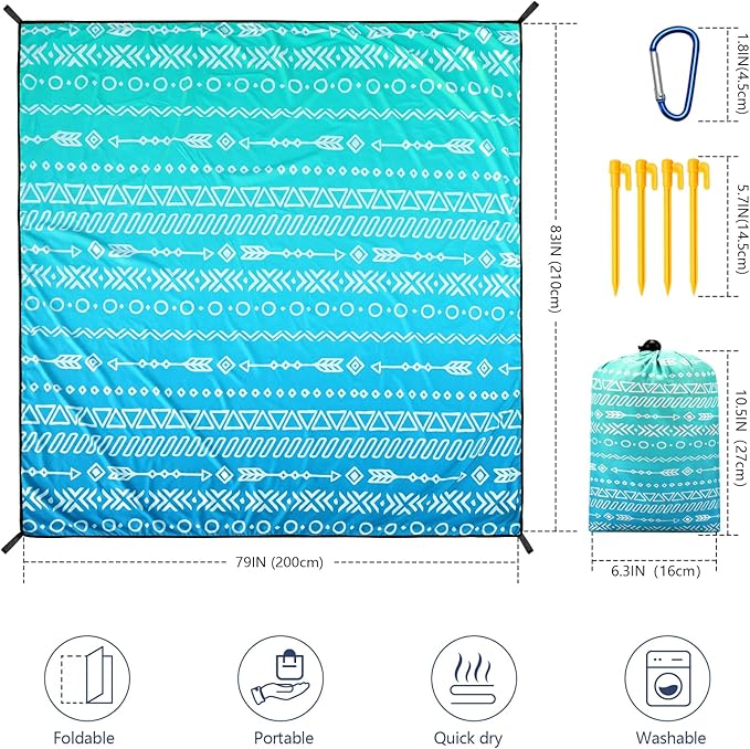 Beach Blanket Waterproof Sandproof Beach Mat 79" X 83"/10'x9'for 2-8 Adults Quick Drying Outdoor