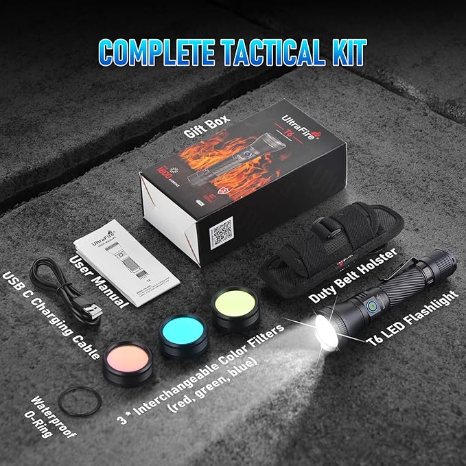ULTRAFIRE Police Tactical Flashlight with Holster for Duty Belt, 1800 Lumen LED Rechargeable