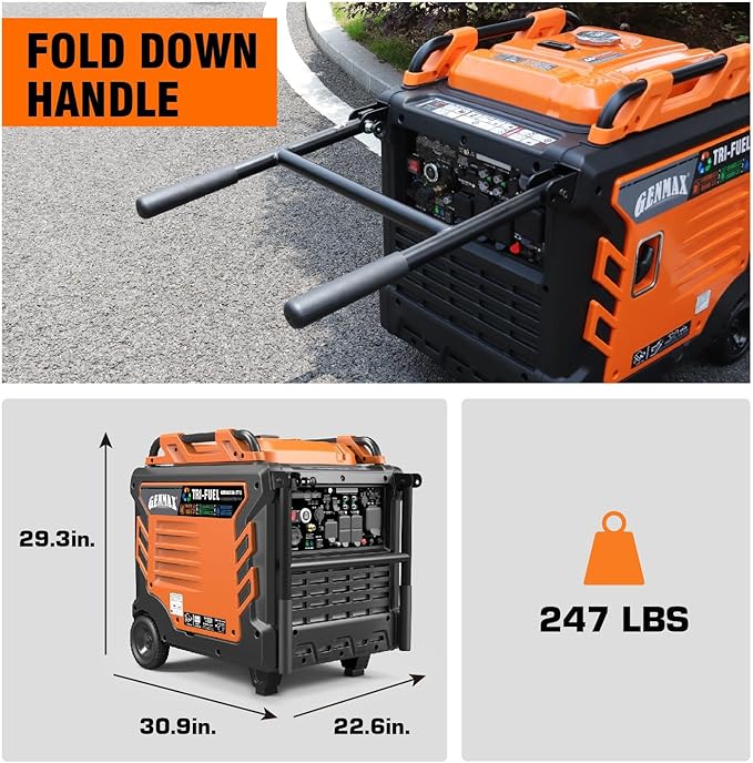 GENMAX Tri Fuel Generator,10500-Watt 458cc Tri Fuel Gasoline Propane Natural Gas Portable 50A
