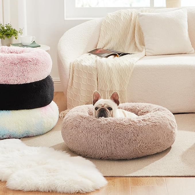 Love's cabin Calming Cat Bed for Indoor Cats,Anti-Anxiety Donut Round Dog Bed,Fluffy Faux Fur