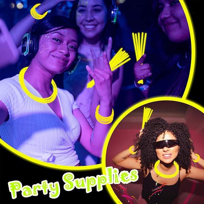 100 pk 8" Yellow Glow Sticks Bulk Party Favors, Light up Glow Necklaces & Bracelets in the Dark