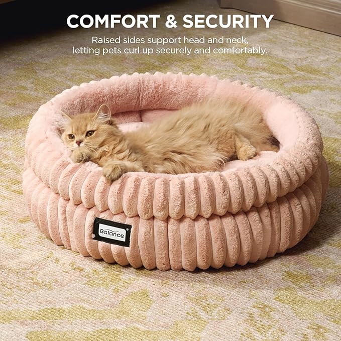 BALANCE Cat Bed Kitten Bed, Washable Round Cat Beds for Indoor Cats,Super Soft Plush Faux Fur Pet