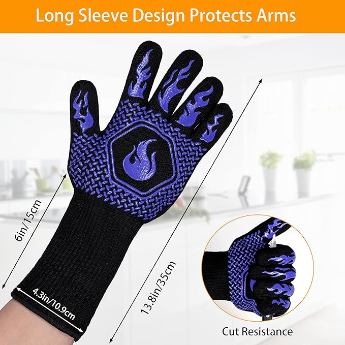 BBQ Fireproof Gloves, Grill Cut-Resistant Gloves 1472°F Heat Resistant Gloves, Non-Slip Silicone