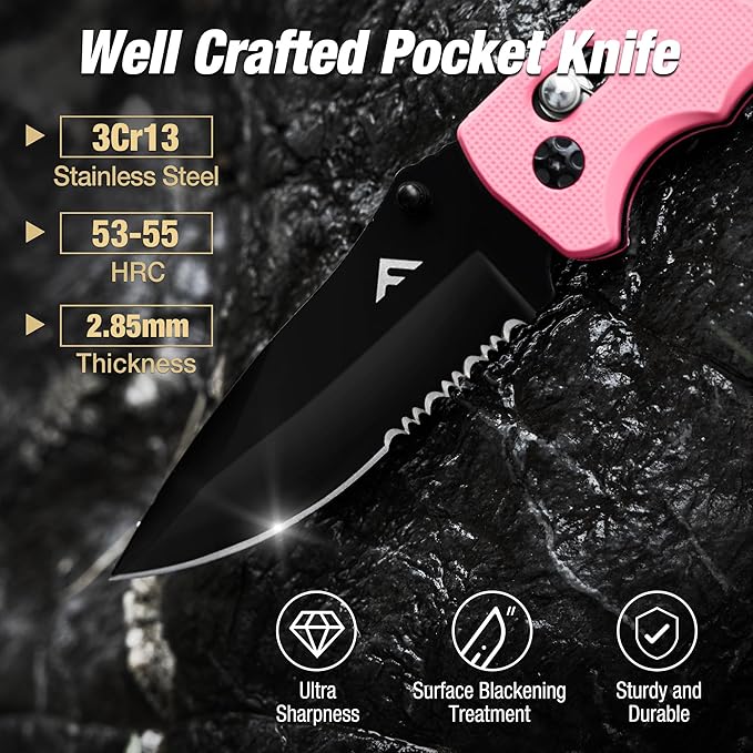 FLISSA Folding Pocket Knife with Clip, Glass Breaker and Seatbelt Cutter, Survival Knife for