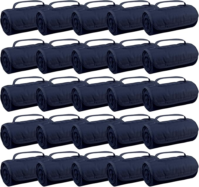 25 Ct of Roll-Up Blankets for Camping, Travel, Outdoors, Beach, Picnics – Dark Blue – Hook + Loop