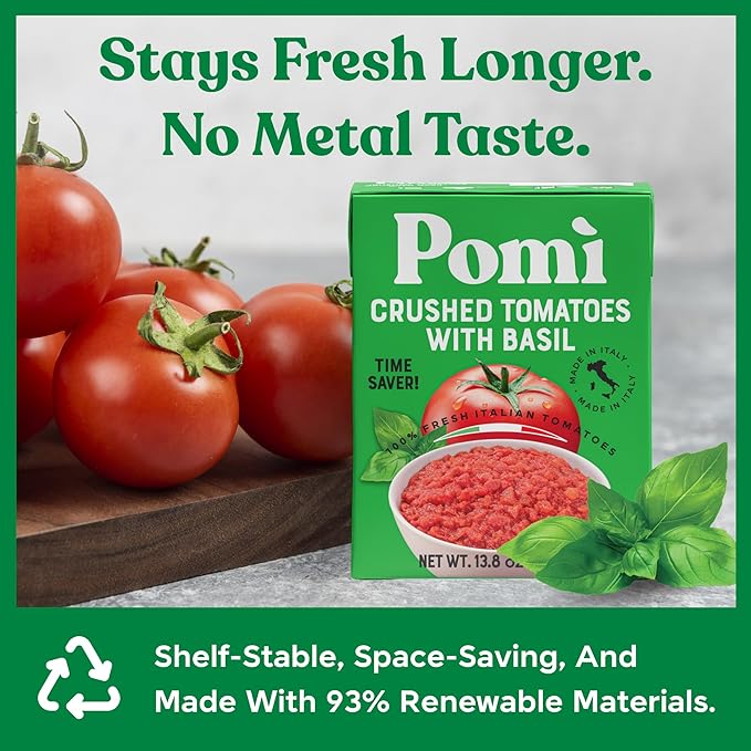 Pomì Crushed Tomatoes with Basil - Creamy, Velvety Italian Sauce, No Salt, Additives/Preservatives