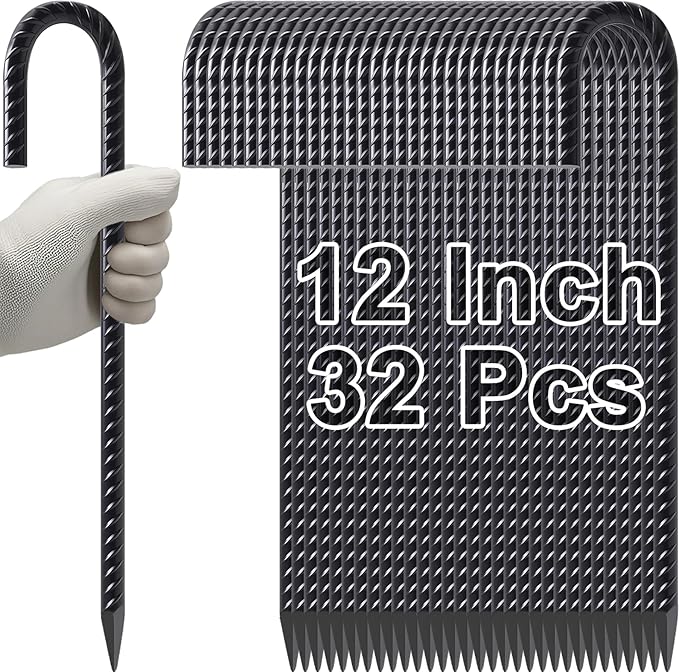 VVOKGO Rebar Stakes 12 Inches J Hook Heavy Duty Chain Link Fence Stakes, 32 Pcs Metal Long Tent
