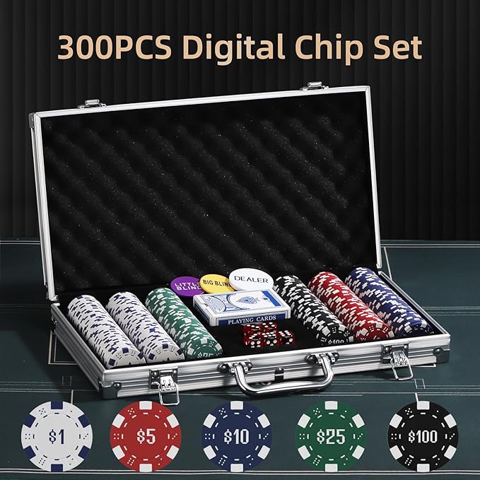300Pcs Numbered Poker Chips Set for Texas Holdem,Blackjack, Tournaments with Aluminum Case,2 Decks