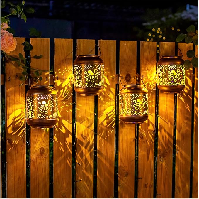Octopus Solar Lanterns Outdoor Waterproof,Hanging Solar Lights Octopus Gifts for Women Men Metal
