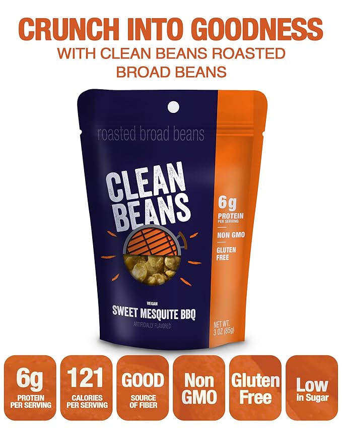 Clean Beans Broad Fava Beans Snack - Sweet Mesquite BBQ Flavor, 6g Protein, Low Sugar, Non-GMO