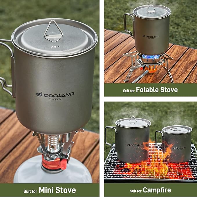 Odoland Titanium Camping Cookware 420ML Titanium Pot with Lid and Spork Lightweight Camping Pot for