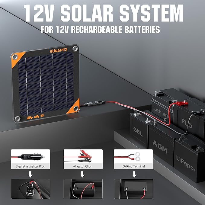 SUNAPEX 5W 12V Solar Panel Battery Charger Maintainer, Portable Waterproof Solar Trickle Charger