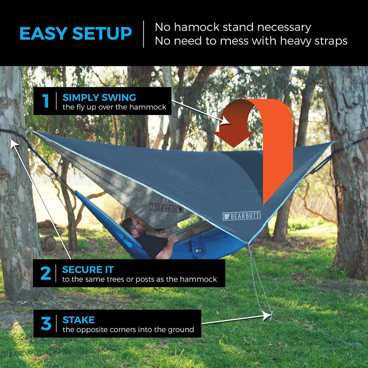 Bear Butt Hammock Rain Fly - 11 x 9 ft Hammock Tarp & Camping Tarp - Easy to Set Up, Waterproof