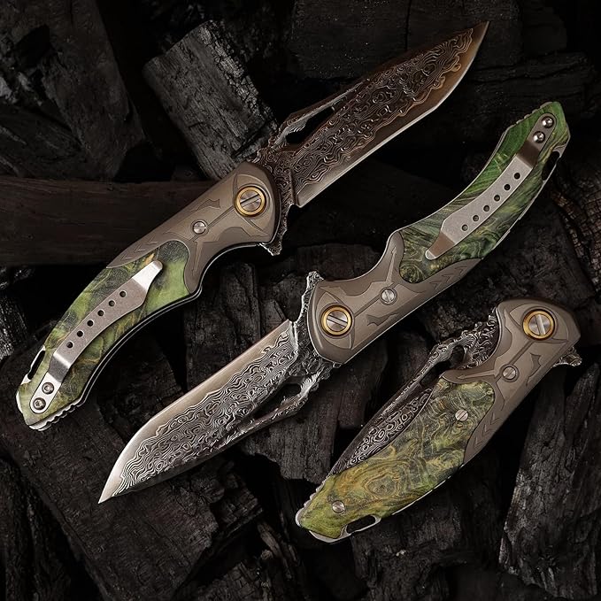 VG10 Damascus Steel Folding Knife, Stable Wood with Leather cover and pocket clip, Outdoor Survival