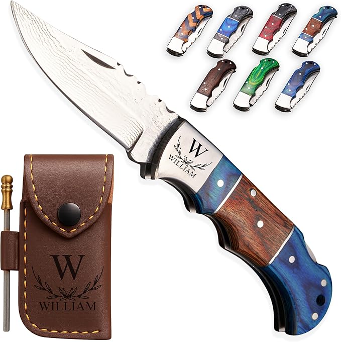 Personalized Folding Knife, Damascus Brown Blue Pocket Knife, Groomsmen Gift, Personalized Gift for