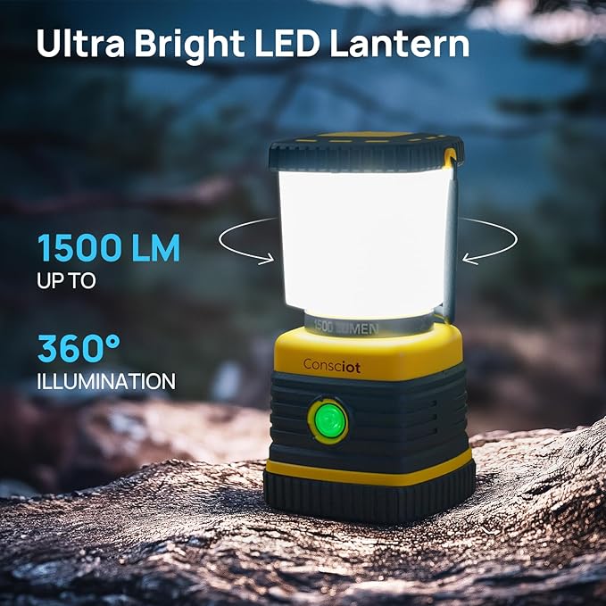 LED Camping Lantern, Consciot C02 USB-C Rechargeable Camping Lights, 1500LM, 5 Light Modes, Up to
