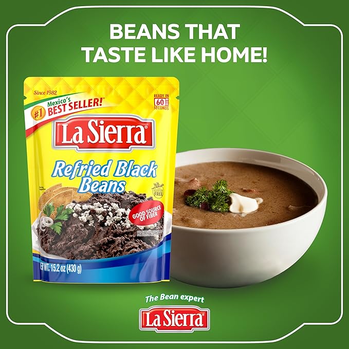 La Sierra Refried Black Beans, Ready-to-Eat Vegetarian Refried Beans, 15.2 oz Pouch (Pack of 8)