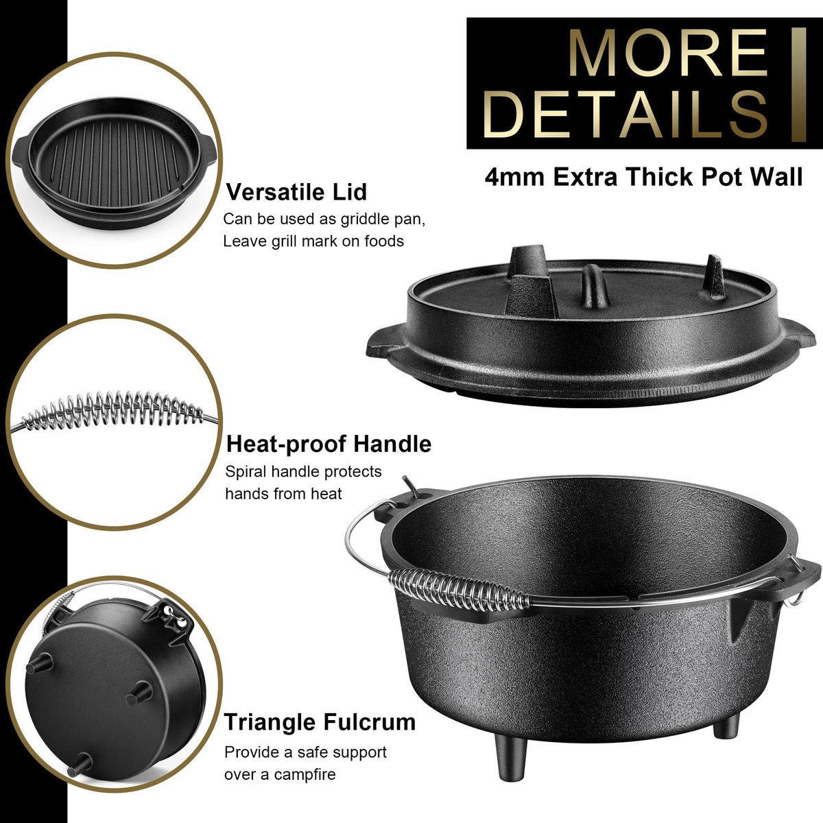 Joyfair Cast Iron Dutch Oven - 5QT, Pre-seasoned, Cast Iron - product view 3