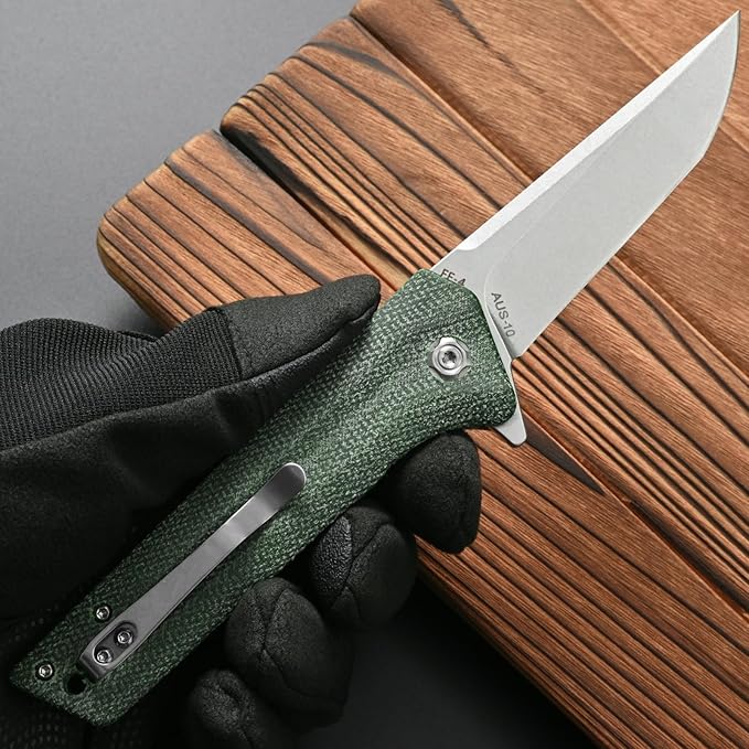 FF4 Folding Knife, AUS-10 Steel Blade Micarta Handle Knife for Outdoor Camping Hunting Fishing