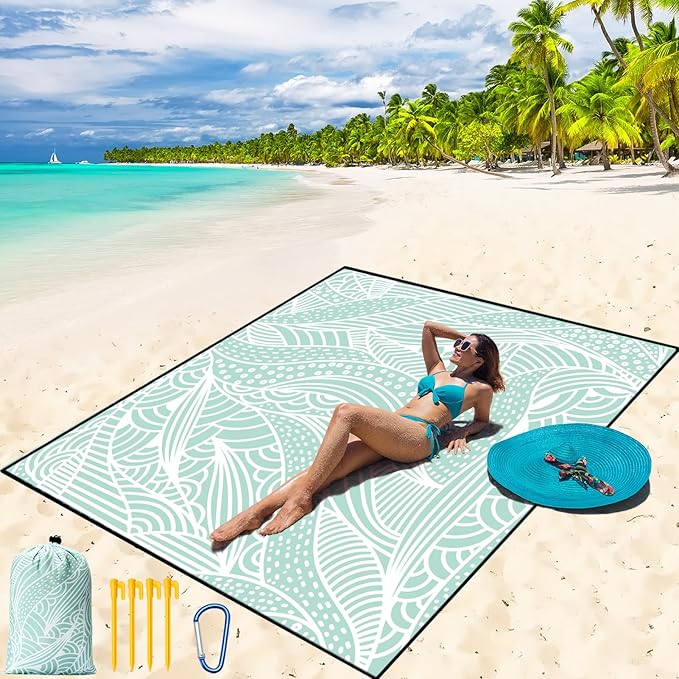 Beach Blanket Waterproof Sandproof Beach Mat 79" X 83"/10'x9'for 2-8 Adults Quick Drying Outdoor