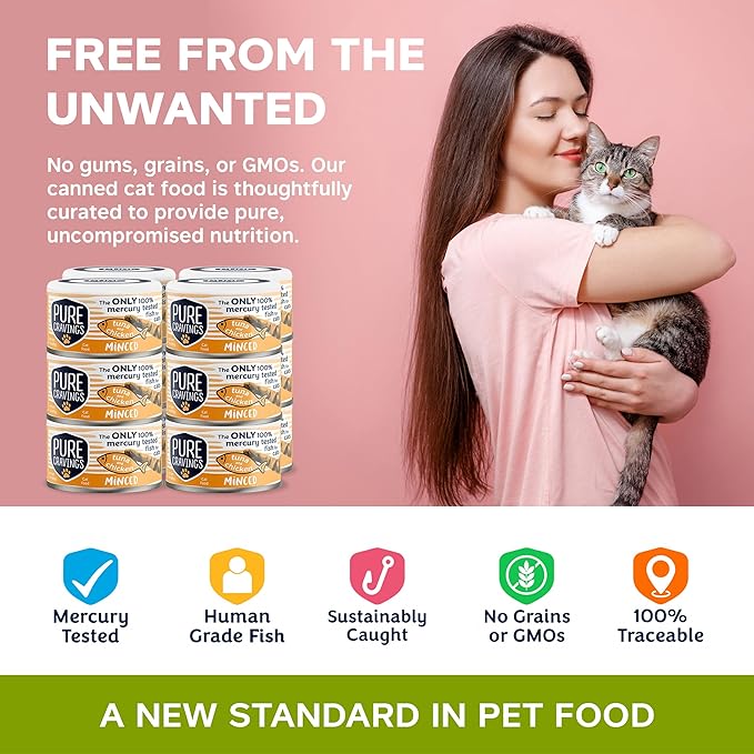 Pure Cravings Minced Tuna and Chicken Wet Canned Cat Food, 100% Mercury-Tested, Moist Can Fish for