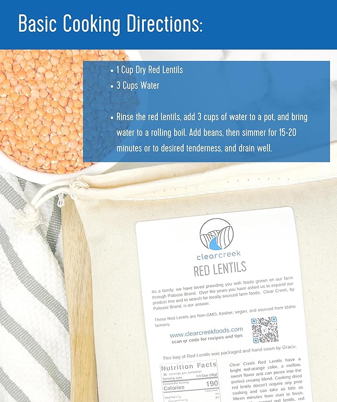 CLEAR CREEK Certified Glyphosate Residue Free Red Lentils | 18 LB | Non-GMO | Kosher | Vegan