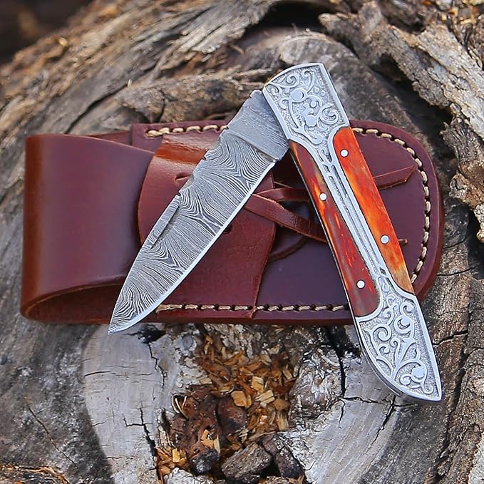 6.5 inch Damascus Pocket Knife with Sheath, Handmade Folding Pocket Knife for Men, Black-Red Wooden