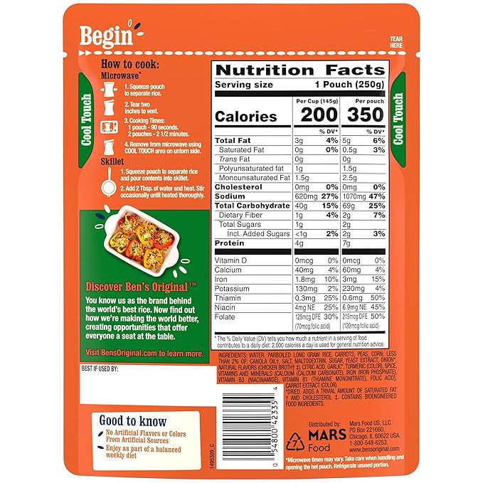 BEN'S ORIGINAL Ready Rice Garden Vegetable Flavored Rice, Easy Dinner Side, 8.8 oz Pouch (Pack of