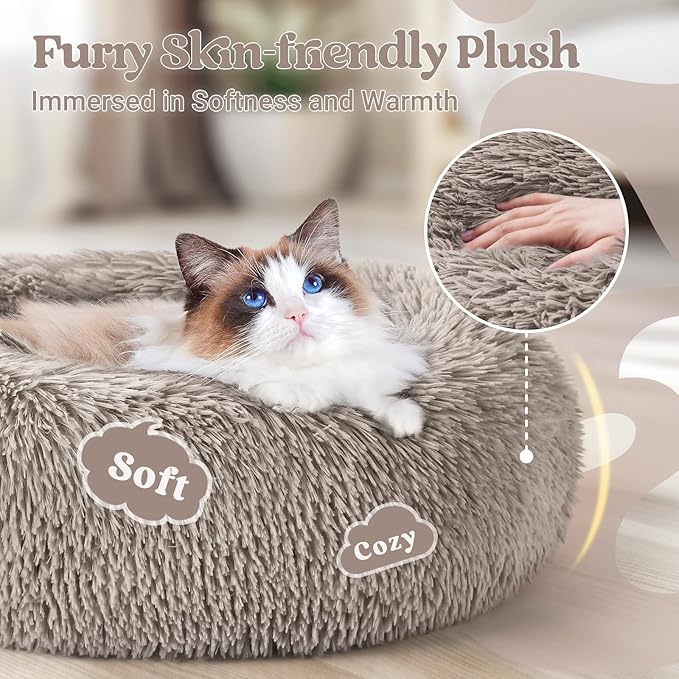 rabbitgoo Cat Beds for Indoor, 20 inches Machine Washable, Fluffy Round Pet Bed Non-Slip, Calming