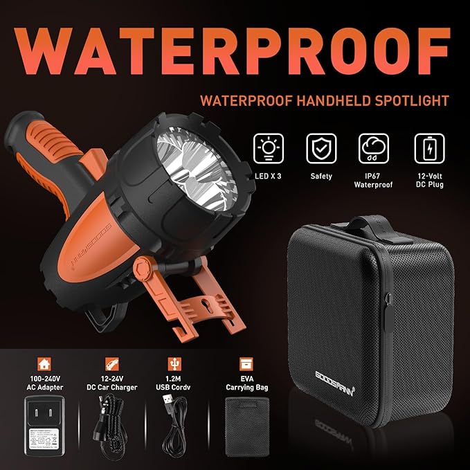 GOODSMANN Rechargeable Spotlight IP67 Waterproof Marine Spotlights up to 4500 Lumen Handheld Light