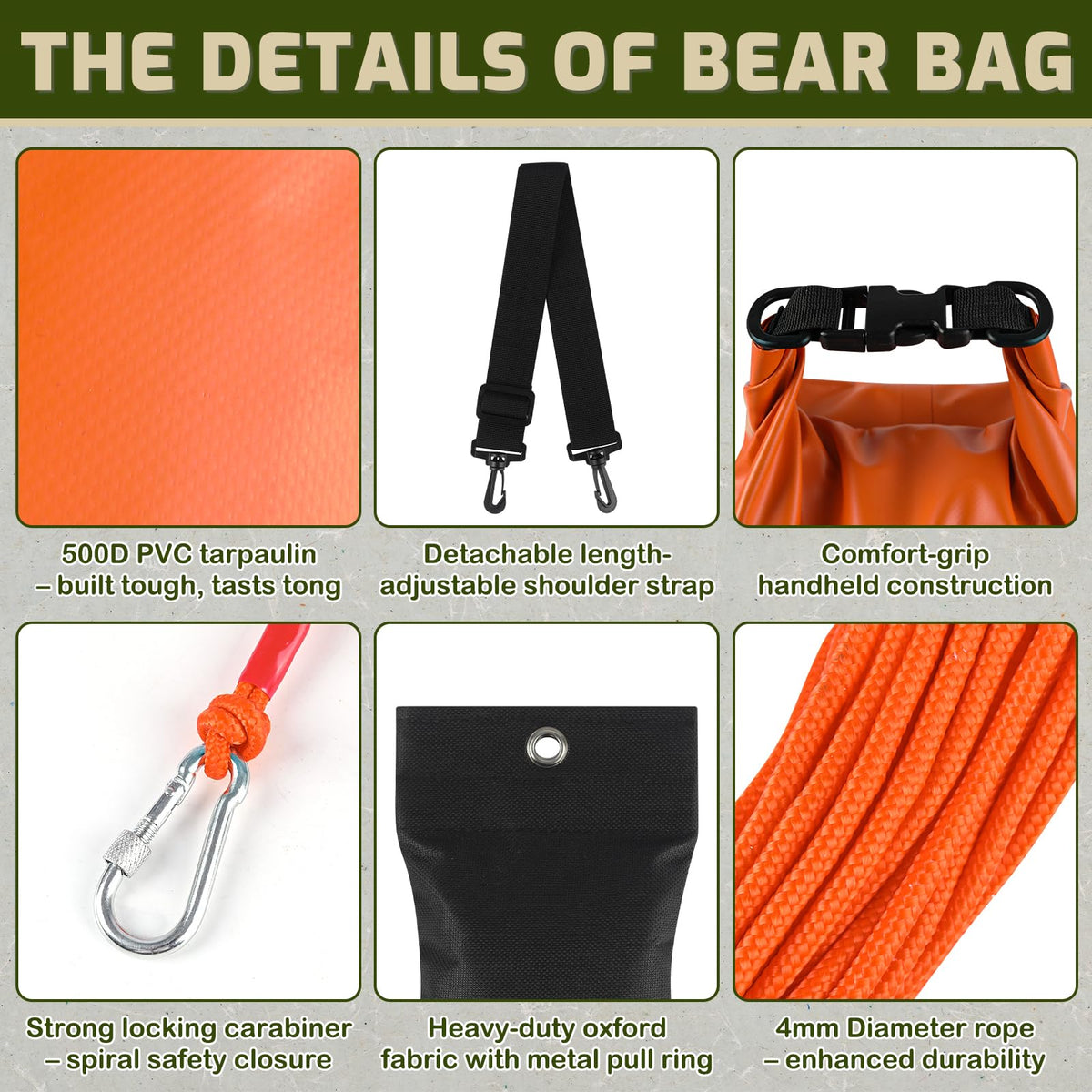 10L Bear Bags for Food Backpacking, Waterproof Bear Bag Hanging Kit, Orange