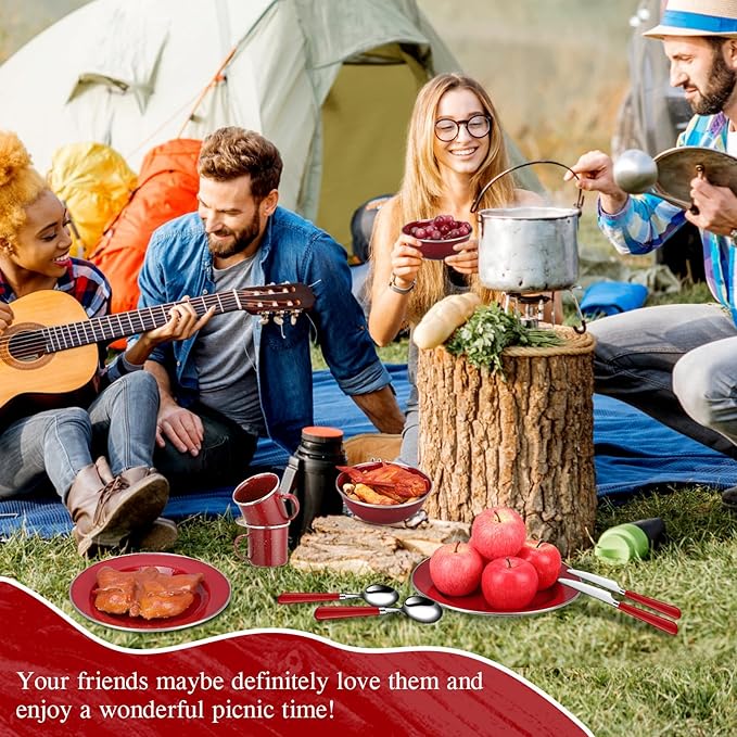 Nuogo 48 Pcs Enamel Camping Tableware Includes 12 oz Coffee Mugs 10.5 Inch Camping Plates 6 Inch