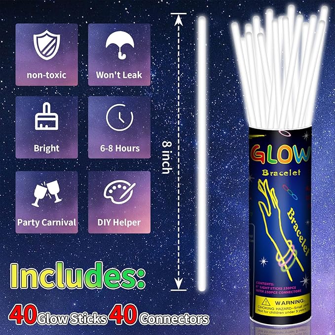 40 Pack 8??White Glow Sticks Bracelet Necklaces Bulk with 40 Connectors Neon Glow In The Dark Party