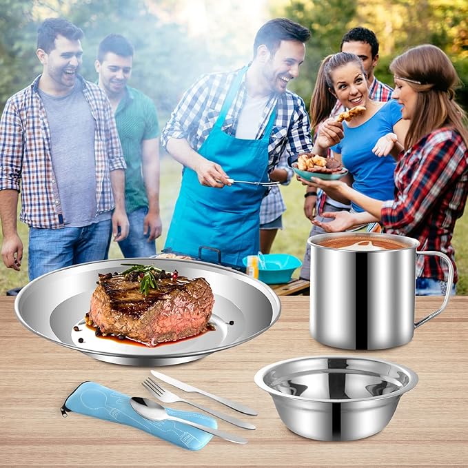Outdoor Camping Mess Kit, Stainless Steel Tableware Mess Kit Includes Plate Bowl Cup Spoon Fork
