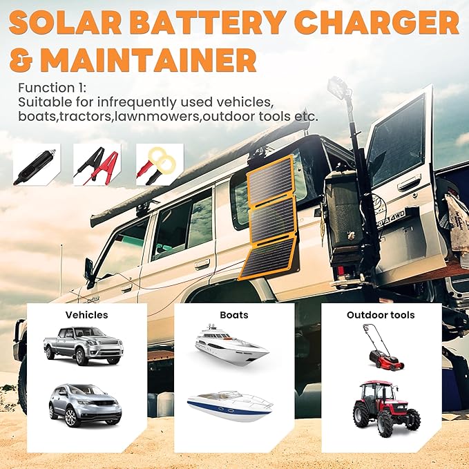 FieryRed 30W Folding Solar Battery Trickle Charger Maintainer, 2-in-1 Portable 12V Solar Trickle