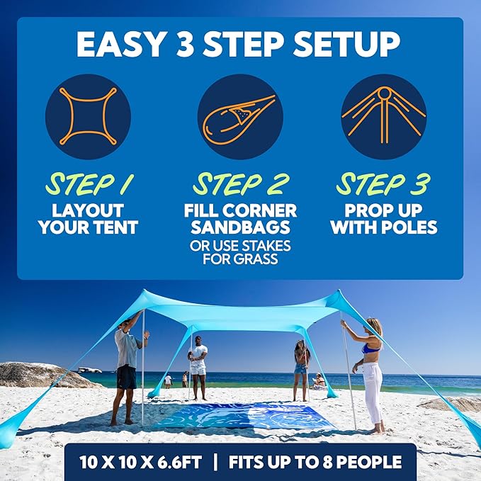 SUN NINJA Beach Tent Sun Shelter UPF50+ - Easy Pop Up Beach Canopy - Outdoor Shade for Camping