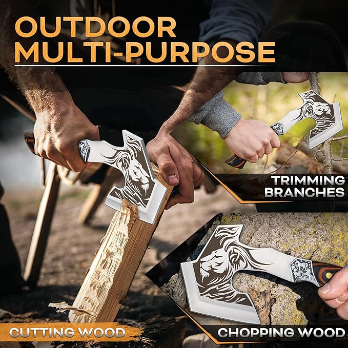 TIVOLI Camping Axe, Lion - Patterned Survival Hatchet with Nylon Sheath, High Carbon Steel Blade
