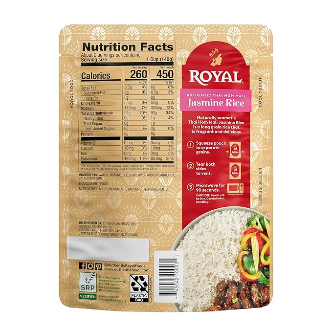 Royal Authentic Thai Hom Mali White Jasmine Rice - Microwave Rice - Dinner Side Dish - (4 Pack) 8.5
