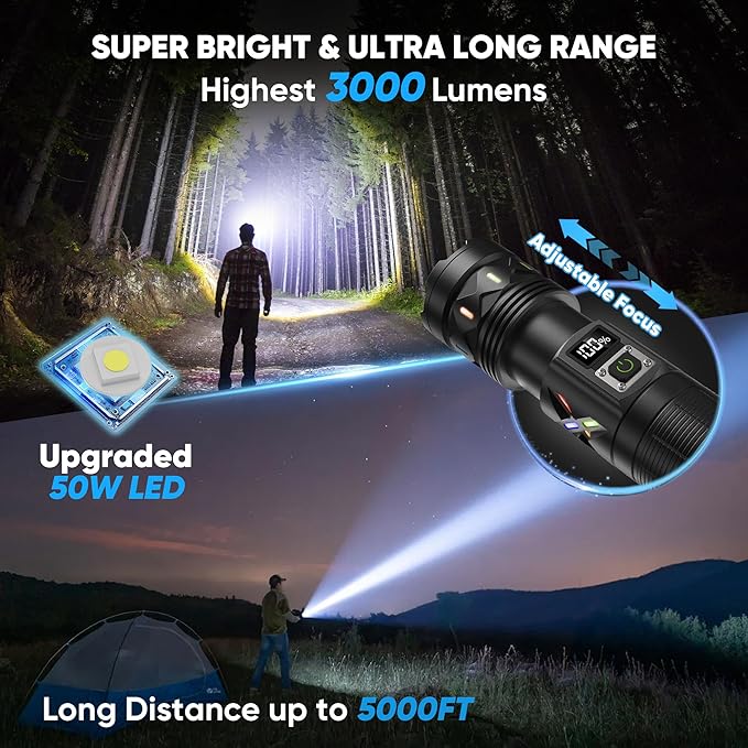 Flashlights High Lumens 3000 Rechargeable Long Range, Super Bright LED Flashlight Long Running 15H