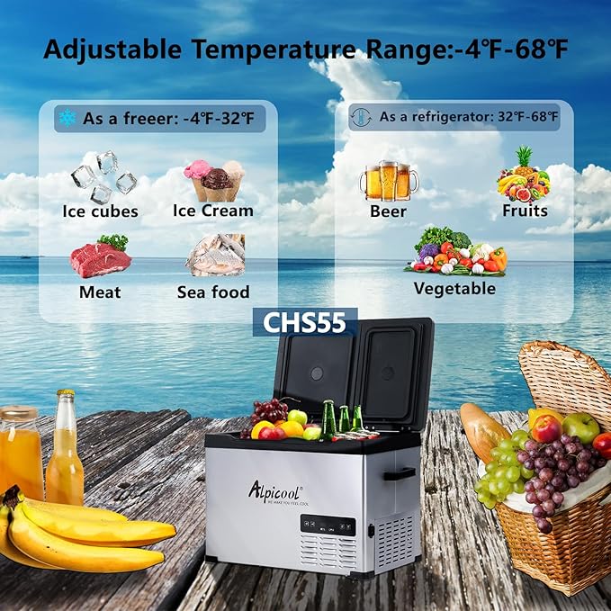Alpicool CHS55 Dual Temperature Control 12 Volt Refrigerator 42 Quart Portable Car Fridge Freezer