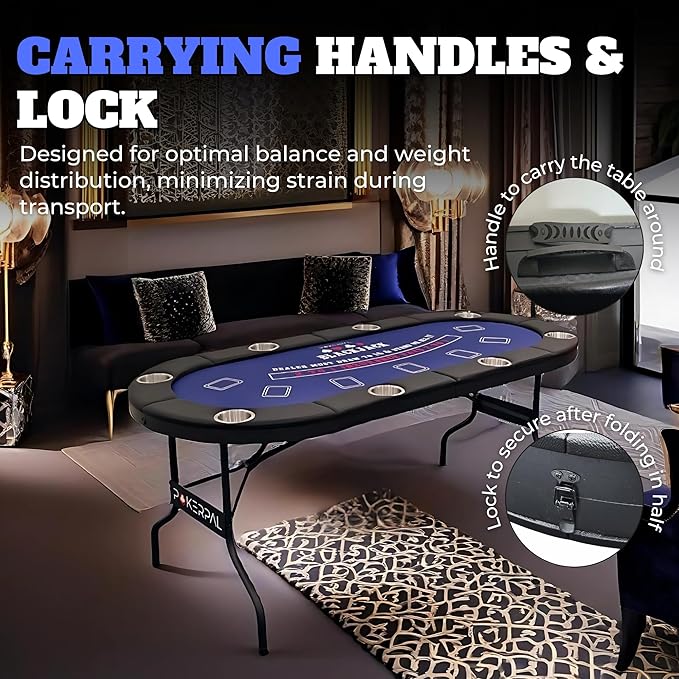 8 Player Poker Table with 2 Interchangeable Game mats, Texas Holdem Poker and Blackjack