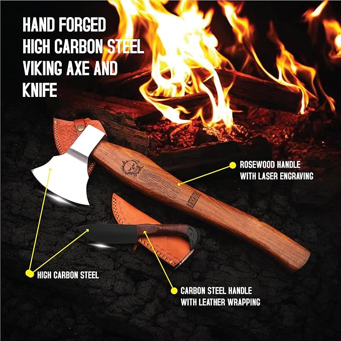 Bearded Viking Axe with Gift Viking Knife Also Leather Sheath | HandForged Carbon Steel bushcraft