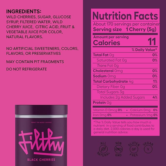 Filthy Cocktail Amarena Black Cherries, Premium Cocktail Garnish, All Natural Wild Italian Amarena