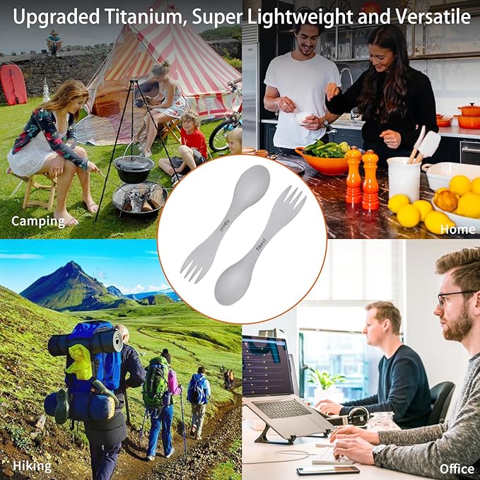 2 in 1 Titanium Spoon and Fork Combo Backpacking Utensils Lightweight Eco-Friendly Spork for